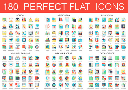 180 vector complex flat icons concept symbols of school, stationery, education, online learning, brain process, data science icons. Web infographic icon design.