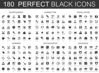 Entertainment, summer time, travel cruise, camping, gps navigation and insurance black classic icon set.