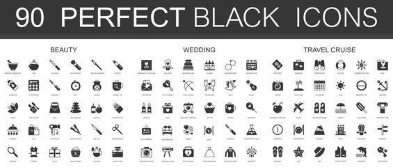 Beauty, wedding, travel vacation cruise black classic icon set.