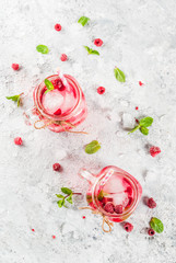 Obraz na płótnie Canvas Cold summer drink, Raspberry Sangria, Lemonade or Mojito with fresh Raspberry and syrup, mint leaves, on grey stone background copy space top view