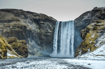 iceland nature, winter travel photo in snow, adventure, trip, hiking, mountains.