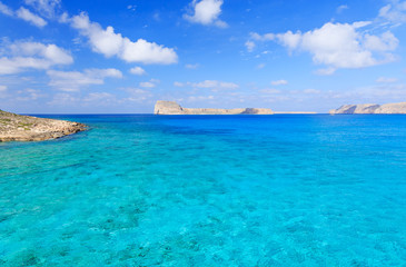 Seascape, turquoise transparent, clear water, blue sky with clouds, islands, horizon line