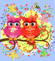 Two pink, moth-owl-girls sit on a rainbow under a pink umbrella. The inscription I love you. Concept of homosexual female love, postcard