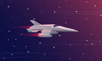 Vector illustration of small spaceship flying in outer space. Galaxy space forces.