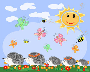 A family of five cute cartoon hedgehogs on a spring, summer day