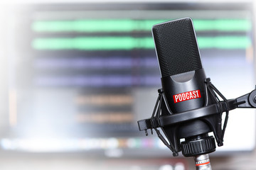 studio microphone with a podcast icon