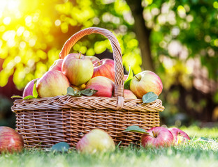 Apple harvest. Ripe red apples in the basket on the green grass.