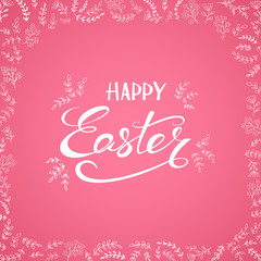 Happy Easter on pink background with decorative floral elements