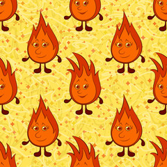 Tile Pattern, Cartoon Smiling Funny Flames with Red Hair on Abstract Seamless Background. Vector