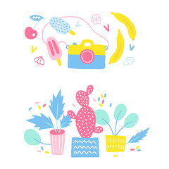 Set of floral compositions with cherry, ice cream, meringues, bananas