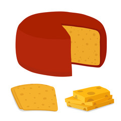 Vector gouda cheese block, piece. Slice, chunk. Cartoon flat style.