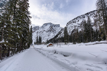 Fototapeta na wymiar Dreamy Dolomites in winter. Lake of Braies.