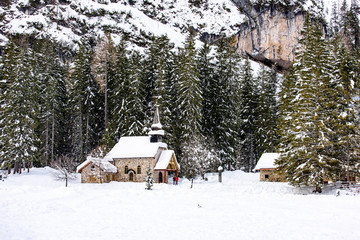 Dreamy Dolomites in winter. Lake of Braies.