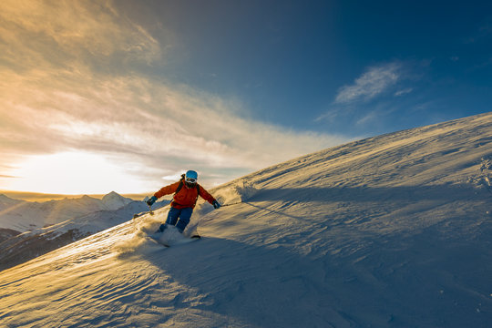Skiing with amazing view of swiss famous mountains in beautiful winter snow  Mt Fort. The matterhorn and the Dent d'Herens. In the foreground the Grand Desert glacier.