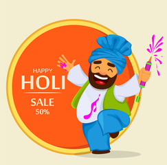 Funny dancing man in turban holding liquid paint.