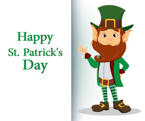 Smiling cartoon character leprechaun with green hat