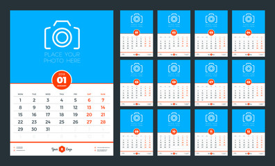 Wall calendar planner for 2018 year. Week starts on Monday. Vector design print template