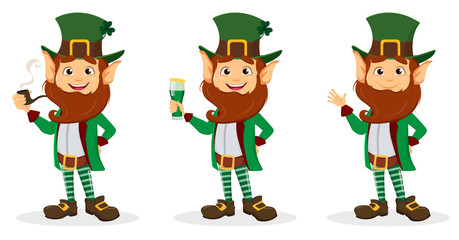 Set of smiling cartoon character leprechaun