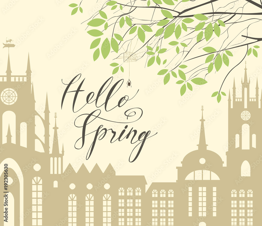Poster vector urban landscape in retro style on the theme of spring with handwritten hello spring inscripti