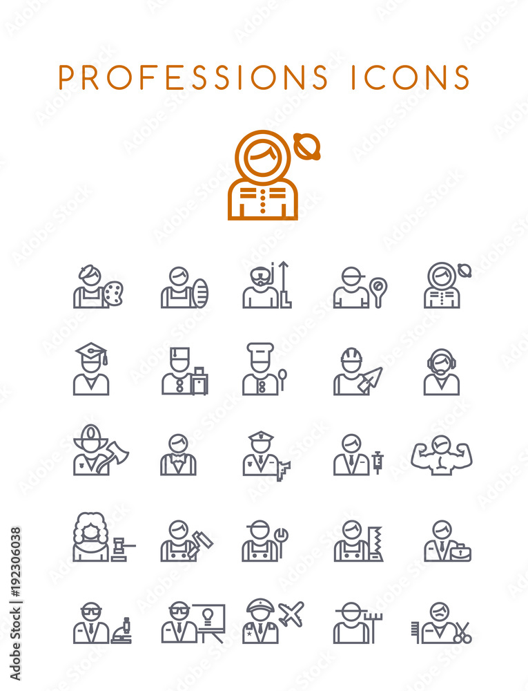 Poster set of quality universal standard minimal simple profession black thin line icons on white backgroun