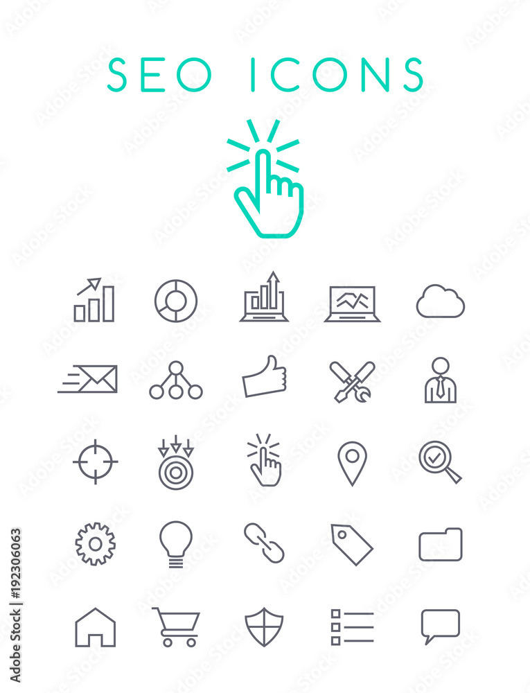Poster set of quality isolated universal standard minimal simple seo and development black thin line icons 