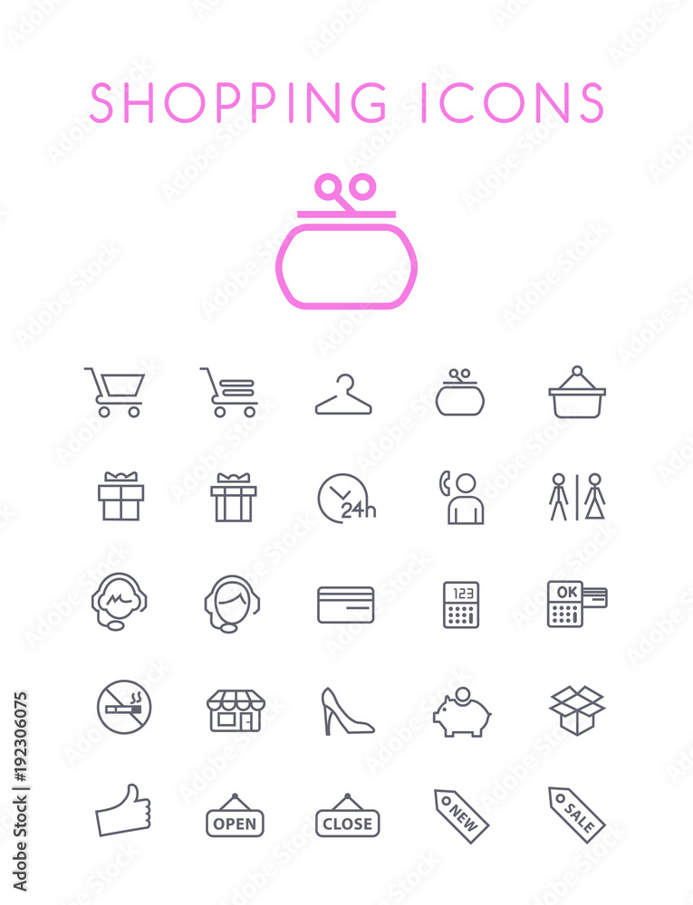 Poster set of minimal simple elegant black thin line shopping icons on white background