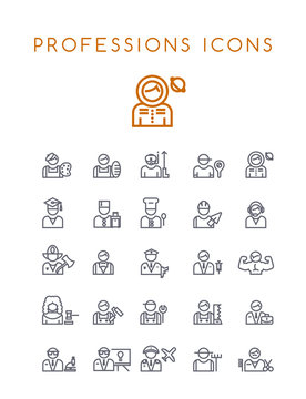 Set of Quality Universal Standard Minimal Simple Profession Black Thin Line Icons on White Background