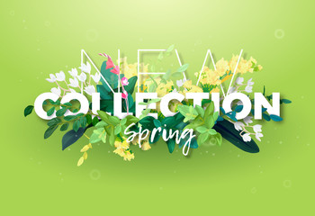 Bright spring design of an ad with a botanical bouquet of flowers, leaves and plant branches on a green background. Typography with the effect of 3d. Integrated inscription, vector illustration.