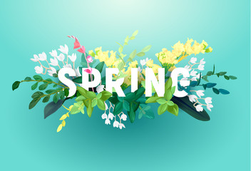 Fototapeta premium Jasny projekt wiosna na niebieskim tle. Obszerny napis z ornamentem z kwiatów, zielonych liści i gałęzi roślin. Ilustracji wektorowych.