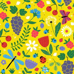 seamless flowers pattern with berries and insect - vector illustration, eps
