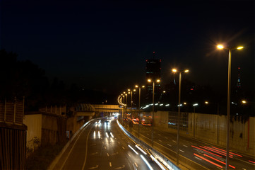 Night shot of car highway / night shot of car highway Vienna, skyscrappers at the background
