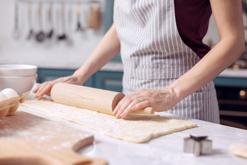 Deft pastry chef. The close up of delicate hands of a young female in an apron holding a rolling spin and rolling out dough while making biscuits