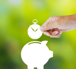 clock and piggy bank, time saving concept