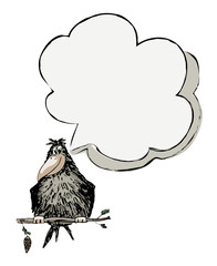 Funny fat crow sitting on a tree and speech bubble. Vector illustration isolated on white.