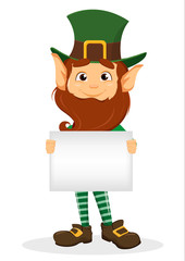Smiling cartoon character leprechaun with green hat holding placard in hands