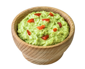 Guacamole in Wooden Bowl Isolated on White Background