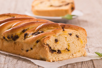 Brioche with chocolate chips. 
