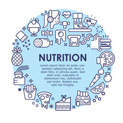 Naklejka premium Sport and fitness, food icons arranged in a cirle. Thin line flat design, isolated vector clipart.