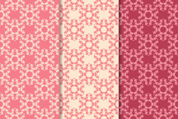 Set of red floral ornaments. Cherry pink vertical seamless patterns