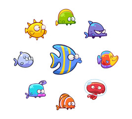 Family of funny sea fish isolated on white. Cartoon style characters, vector illustration.v