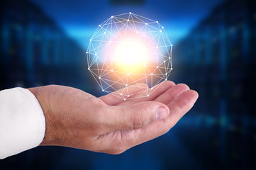 Abstract science, circle global network connection in hand businessman on computer server background