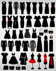 Collection of women's dresses and accessories on a light gray background