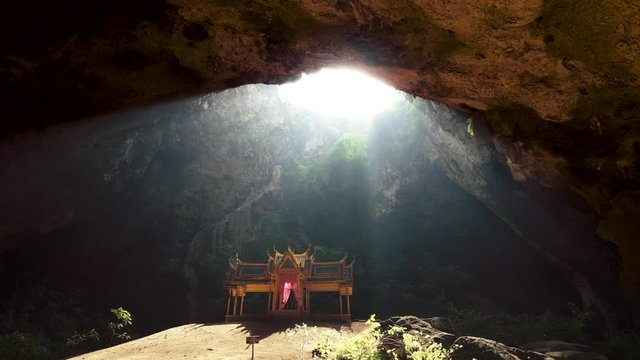 Sun shines on King's Rama V Pavilion in Phraya Nakhon Cave. Khao Sam Roi Yot National Park, Thailand. 4K, UHD