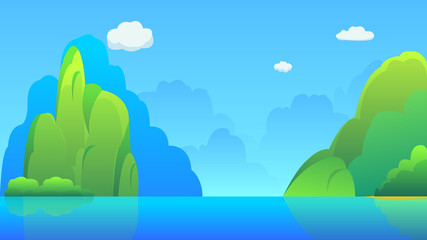 Fototapeta na wymiar Islands with hills and sky background vector illustration.Beautiful nature scene with lake and mountains.