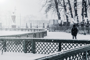 Unrecognizable man stands back and has walk across snowy Summer garden in Saint Petersburg, admires beautiful view and winter weather. Snow covered place of entertainment in Russia