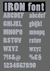 Alphabet set in embossed iron design, metallic letters, numbers and other characters, question mark, currency symbole, uppercase and lowercase letters