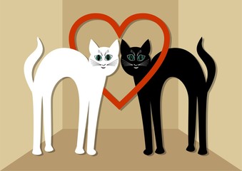 White cat and black tomcat in love, two beautiful cats with red heart. Unusual Valentines day card or wedding announcement in minimalist vintage style