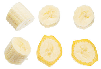 Peeled banana slices on the white background.