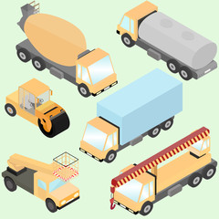Set of isometric road construction machinery. Trucks, road roller, wheel loader, tank, lift machine. Front and back view.