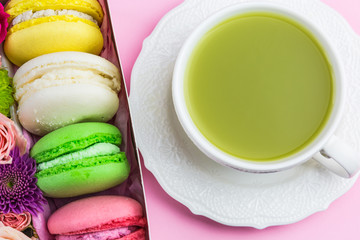 Set of flowers,sweet macaroons and green tea match. Gift. Surprise for the girl